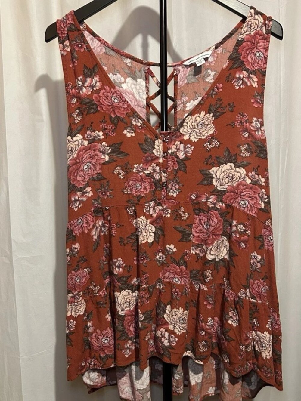 American Eagle Outfitters Baby Doll Tunic Top,Rust Floral Roses XL